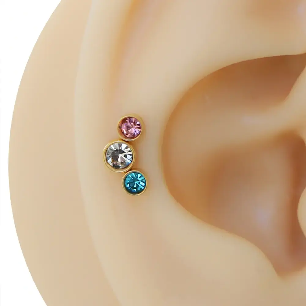Pembe mavi beyaz taşlı altın renk cerrahi çelik tragus piercing