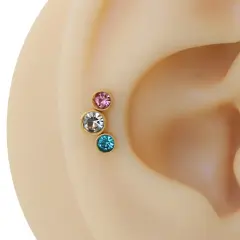 Pembe mavi beyaz taşlı altın renk cerrahi çelik tragus piercing