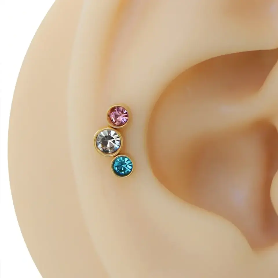 Pembe mavi beyaz taşlı altın renk cerrahi çelik tragus piercing