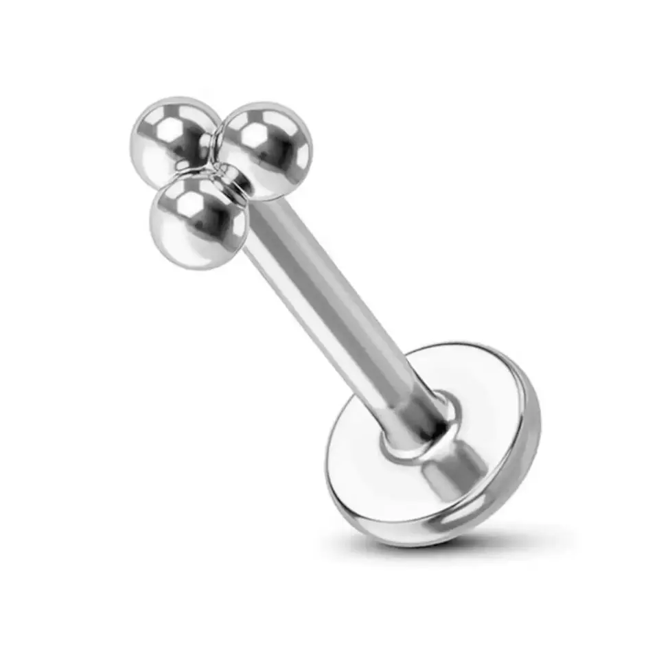 Flatback arkası düz vidalı gümüş minimal piercing teknik çizim ve görünüm.