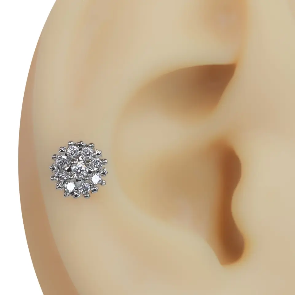 Kulak tragus ve helix bölgesinde sergilenen zirkon taşlı çiçek figürlü gümüş renk piercing