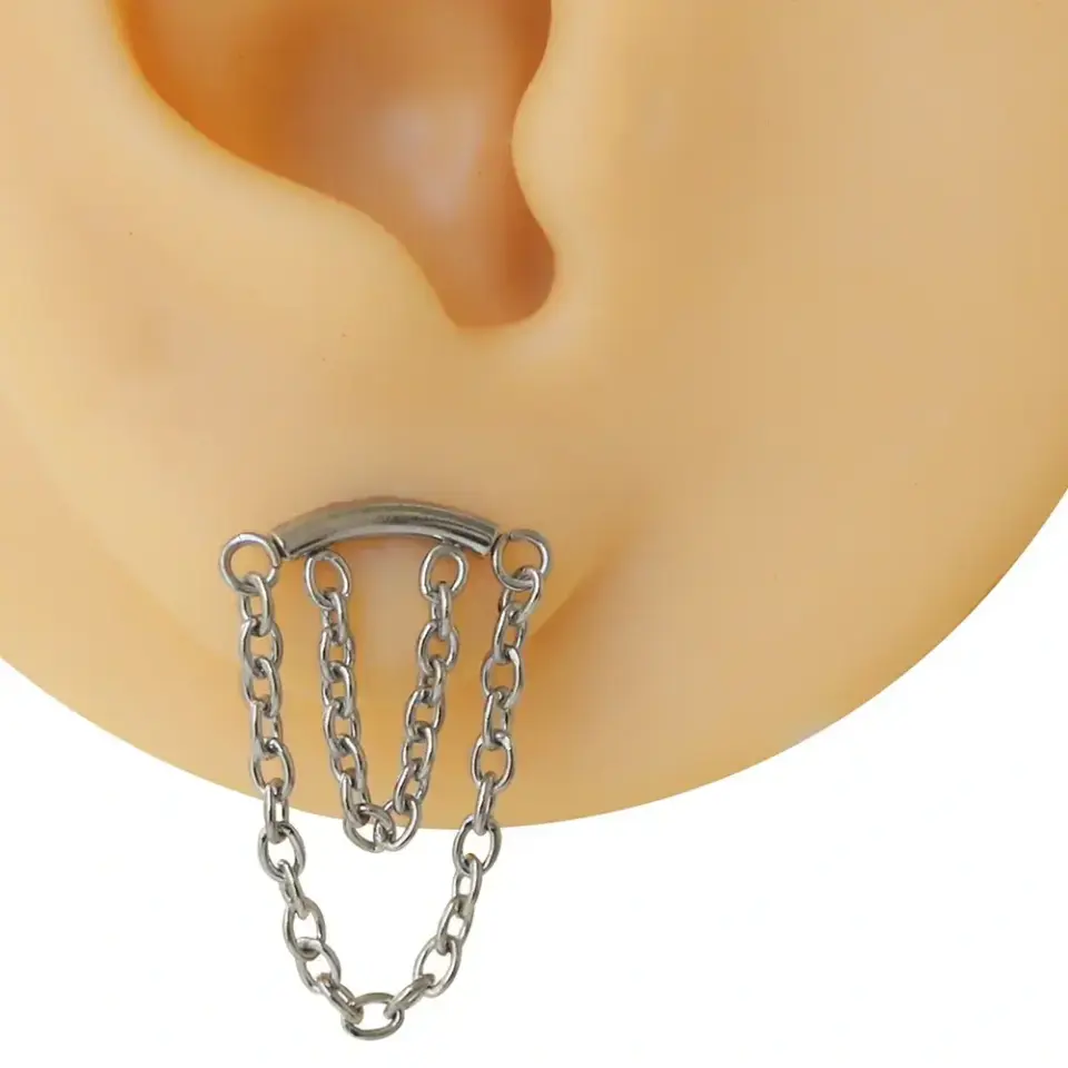 Gümüş renk çift sallantılı zincir tasarım 316L cerrahi çelik tragus piercing flatback.