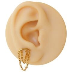 Çift Zincir Detaylı 6x1,2mm Gold Çelik Labret Piercing Çelik Labret Piercing, Tragus-Lobe-Helix-Kıkırdak