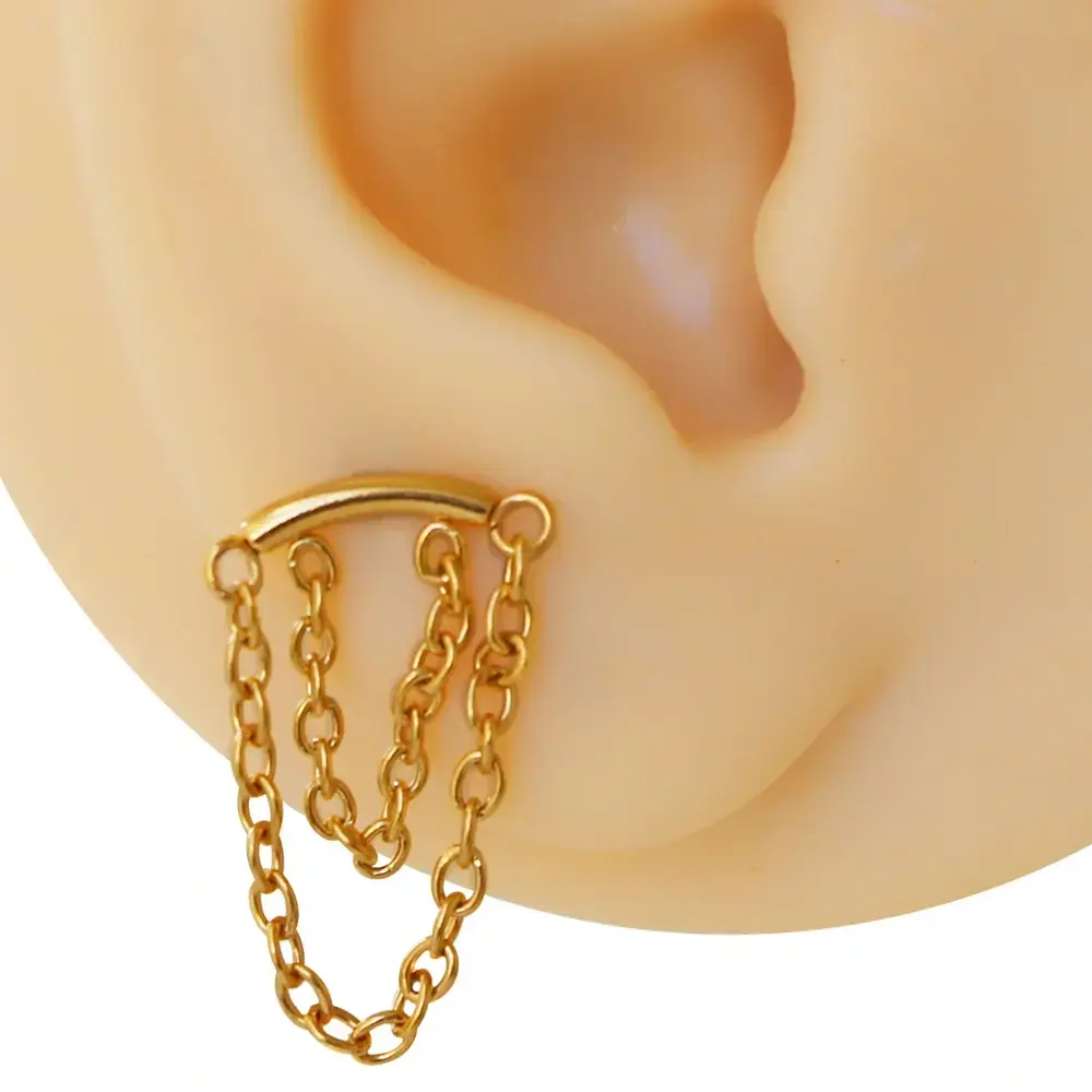 Sarı altın renk çift sallantılı zincir tasarım 316L cerrahi çelik tragus piercing flatback.