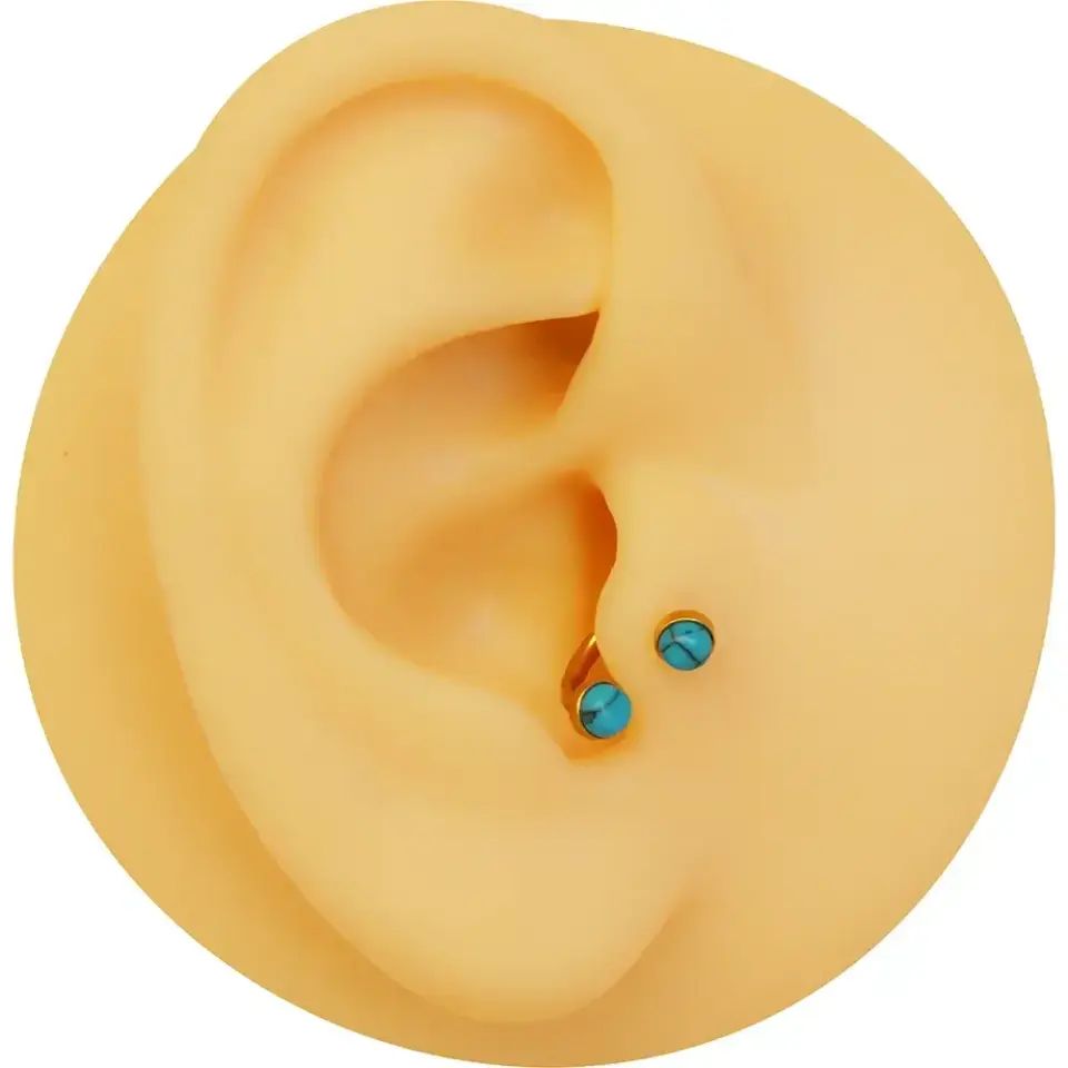 altın renk yarım halka turkuaz taşlı piercing