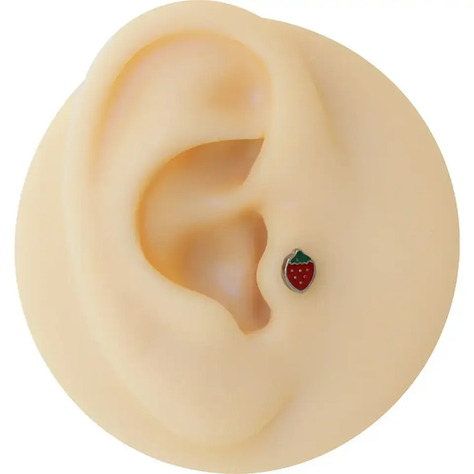 Arkası düz vidalı sistem gümüş mineli çilek kıkırdak piercing