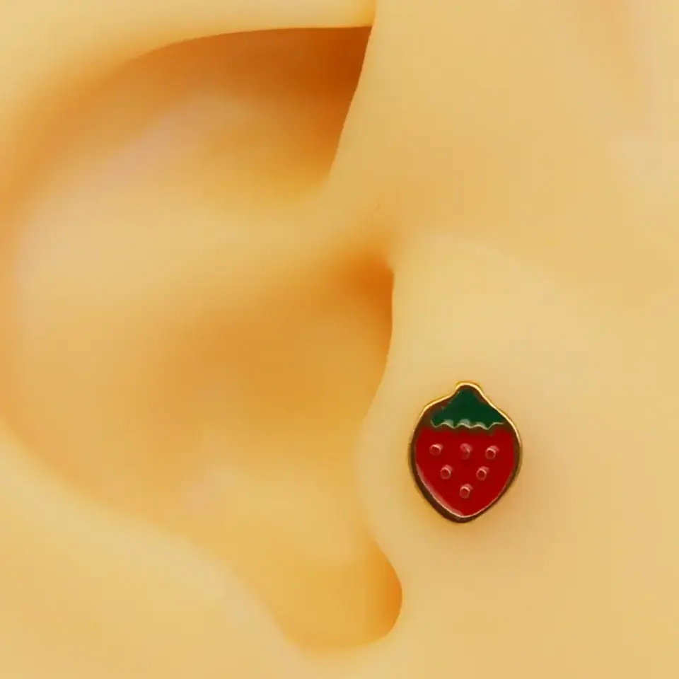 Altın renk mineli çilek figürlü 316L cerrahi çelik tragus piercing flatback