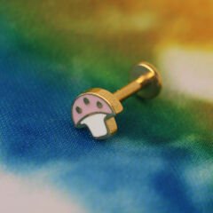 Mineli Mantar 7x1,2mm Gold Çelik Labret Piercing, Tragus-Lobe-Helix-Kıkırdak