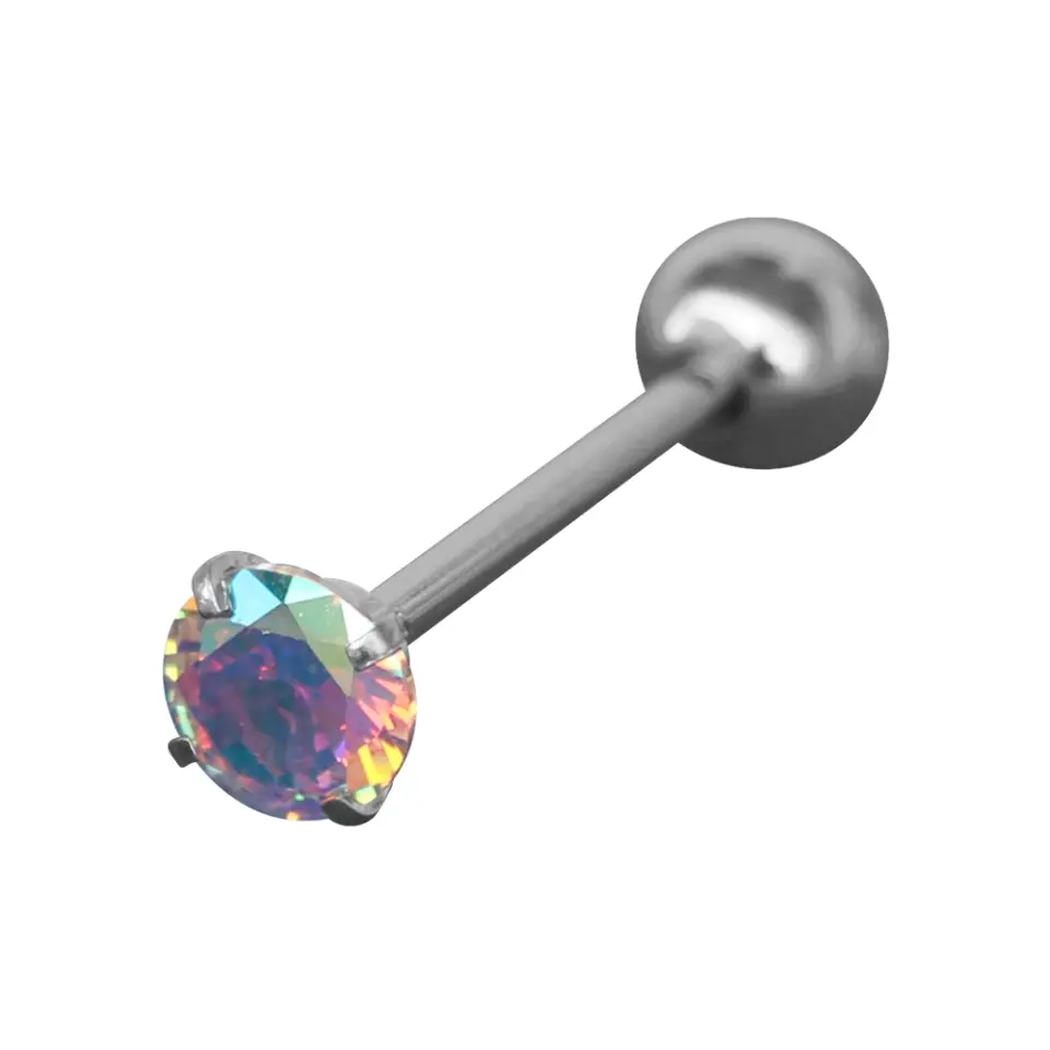 Gökkuşağı Tek Taşlı 316L Cerrahi Çelik Dil Piercing