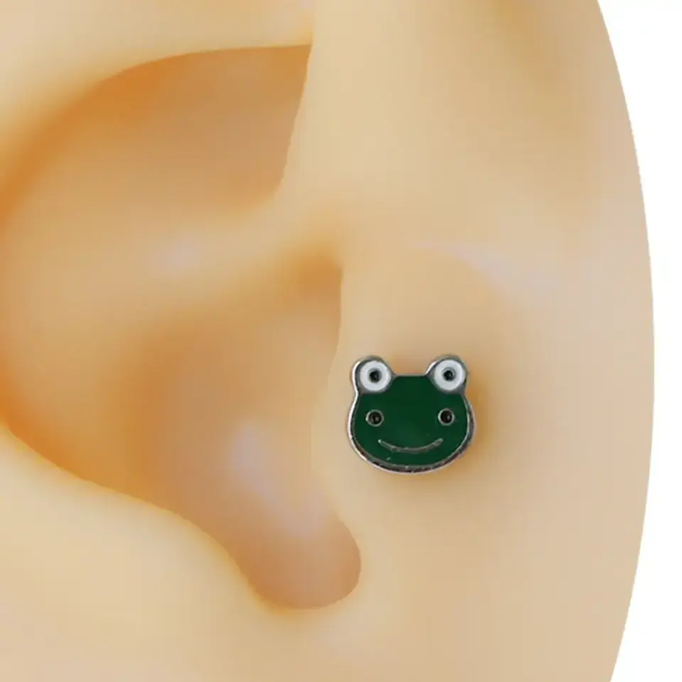 Mineli kurbağa figürlü gümüş renk 316L cerrahi çelik tragus piercing flatback