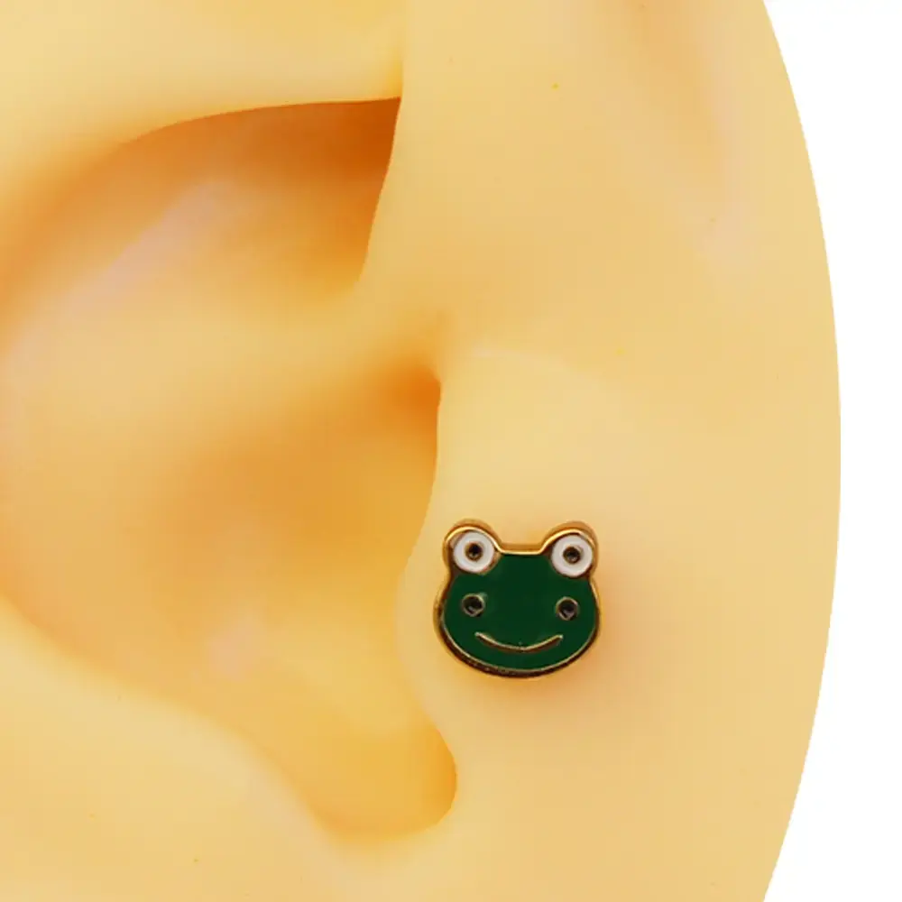 Altın renk mineli kurbağa figürlü 316L cerrahi çelik tragus piercing flatback