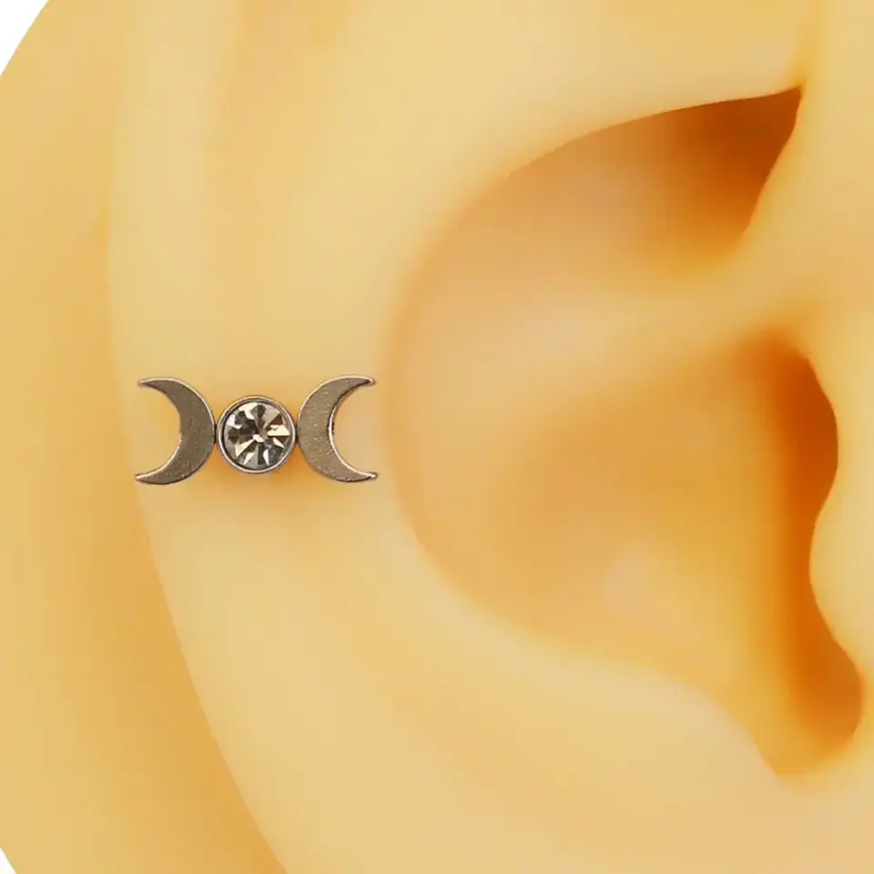 Ay Döngüsü zirkon taşlı hilal figürlü 316L cerrahi çelik tragus piercing flatback