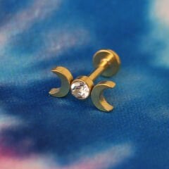 Ay Döngüsü Taşlı 6x1,2mm Gold Çelik Labret Piercing, Tragus-Lobe-Helix-Kıkırdak