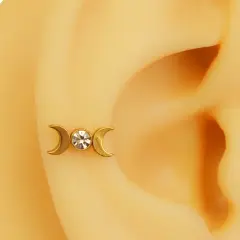 Ay Döngüsü altın renk zirkon taşlı hilal figürlü 316L cerrahi çelik tragus piercing flatback