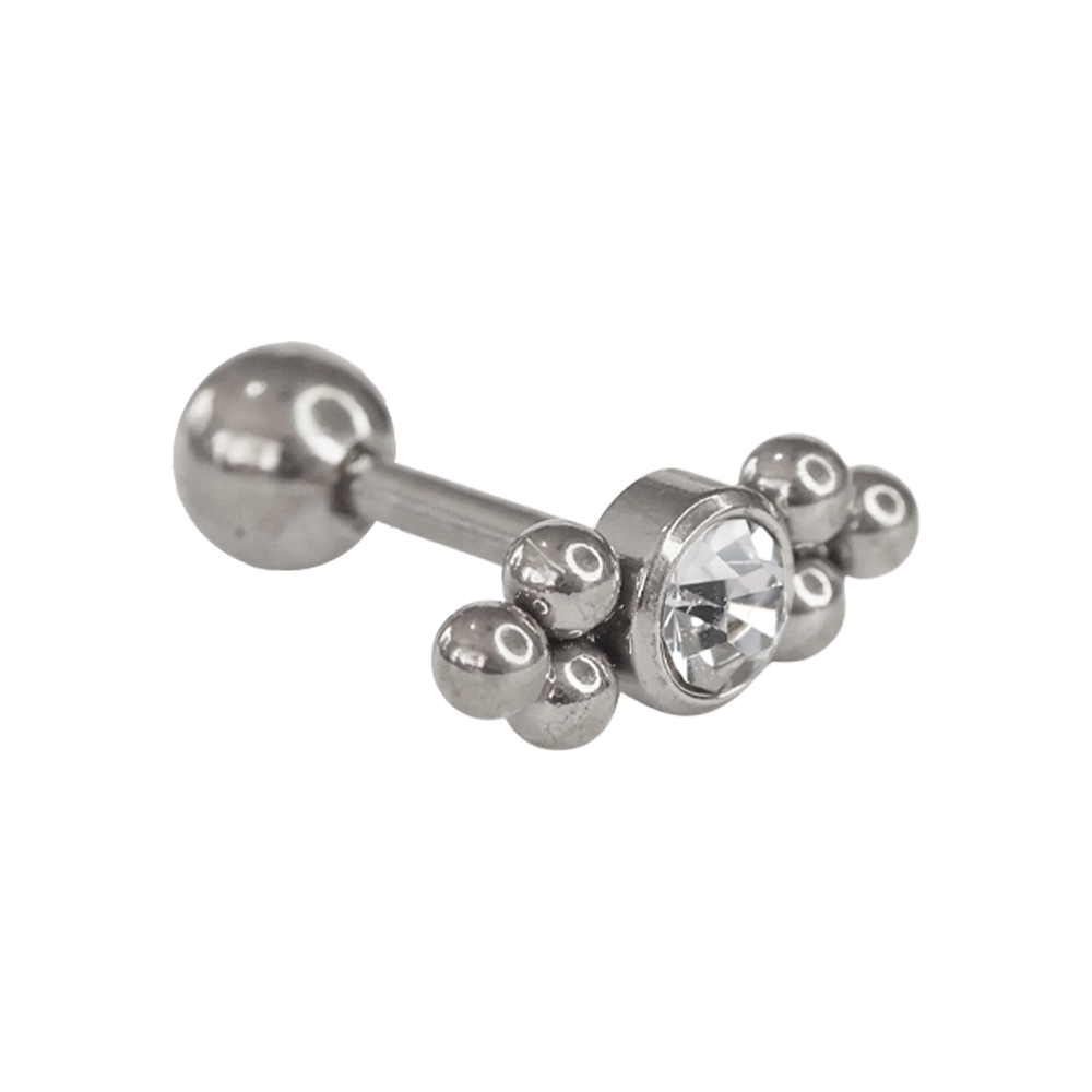 Gümüş renkli 1,2 mm bar kalınlığında, alt ve üstü metal top detaylı şık zirkon taşlı kıkırdak piercing