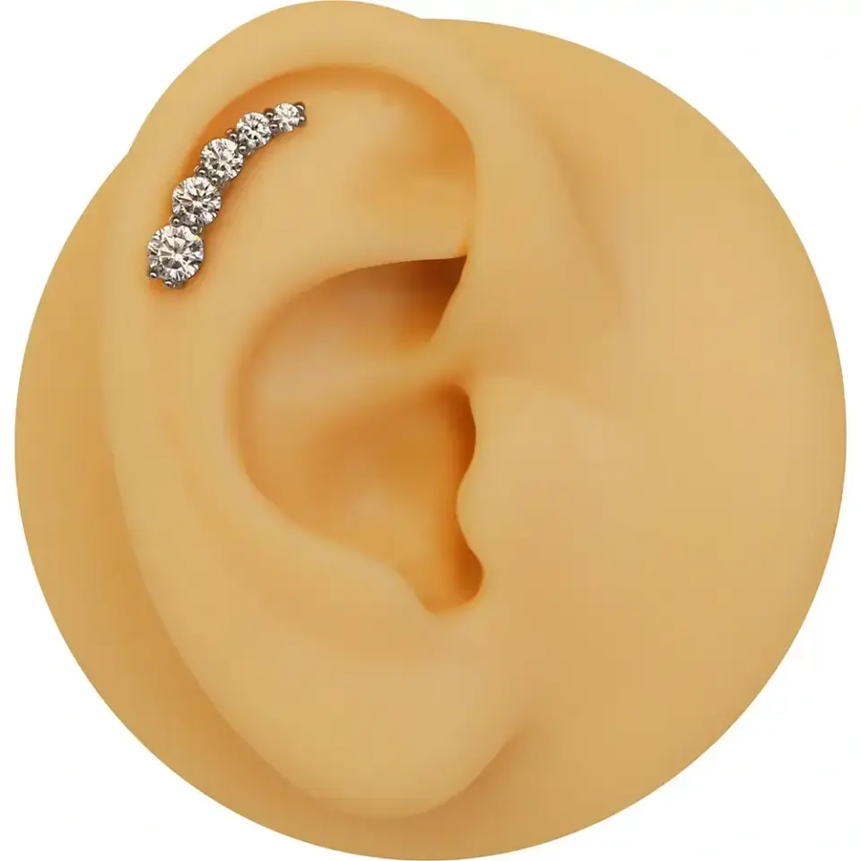 Arkası düz vidalı sistem gümüş beş taşlı diagonal kıkırdak piercing