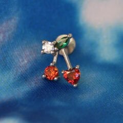 Taşlı Kiraz 6x1,2mm Çelik Labret Piercing, Tragus-Lobe-Helix-Kıkırdak