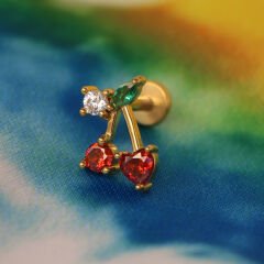 Taşlı Kiraz 6x1,2mm Gold Çelik Labret Piercing, Tragus-Lobe-Helix-Kıkırdak