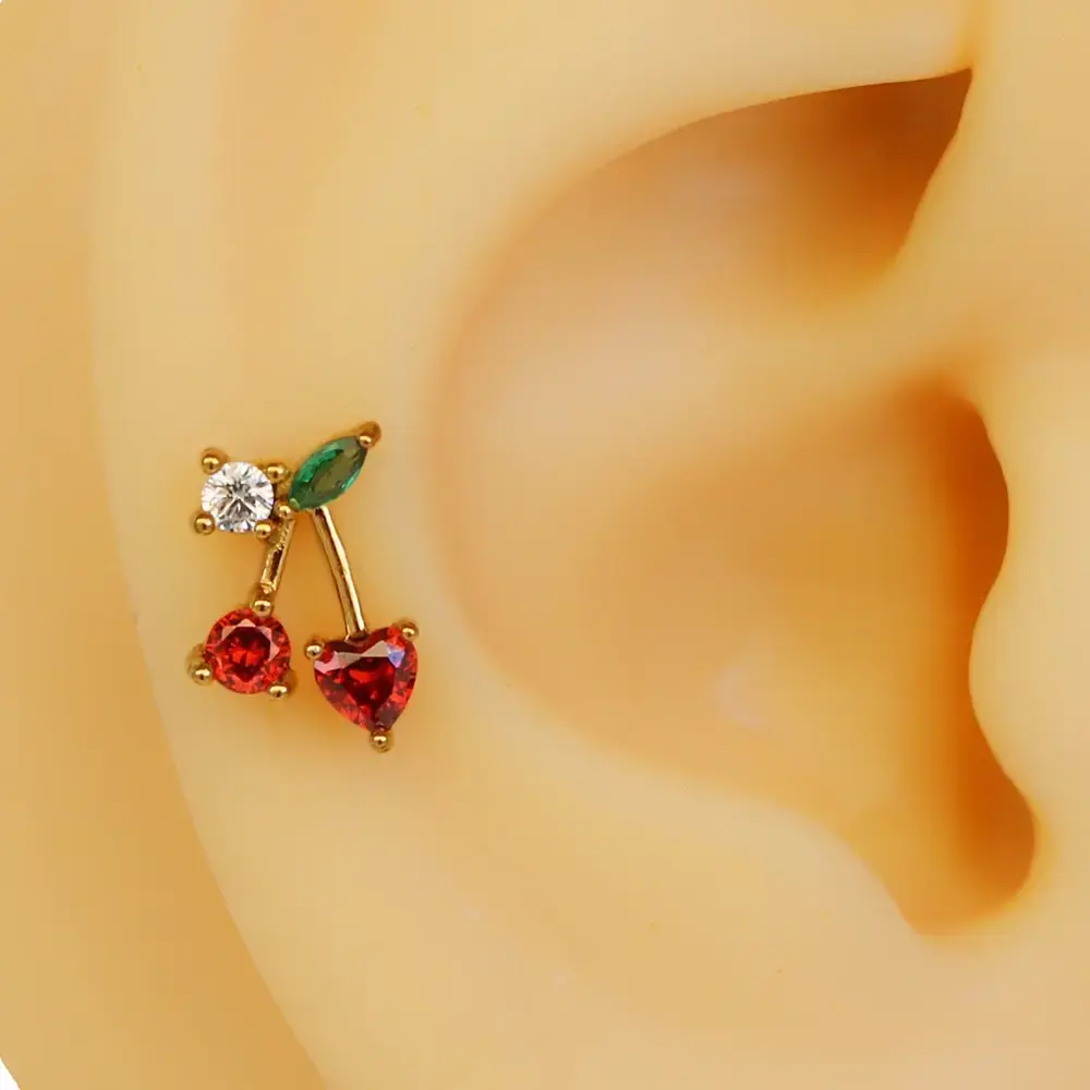 Kiraz figürlü zirkon taşlı altın renk 316L cerrahi çelik tragus piercing flatback