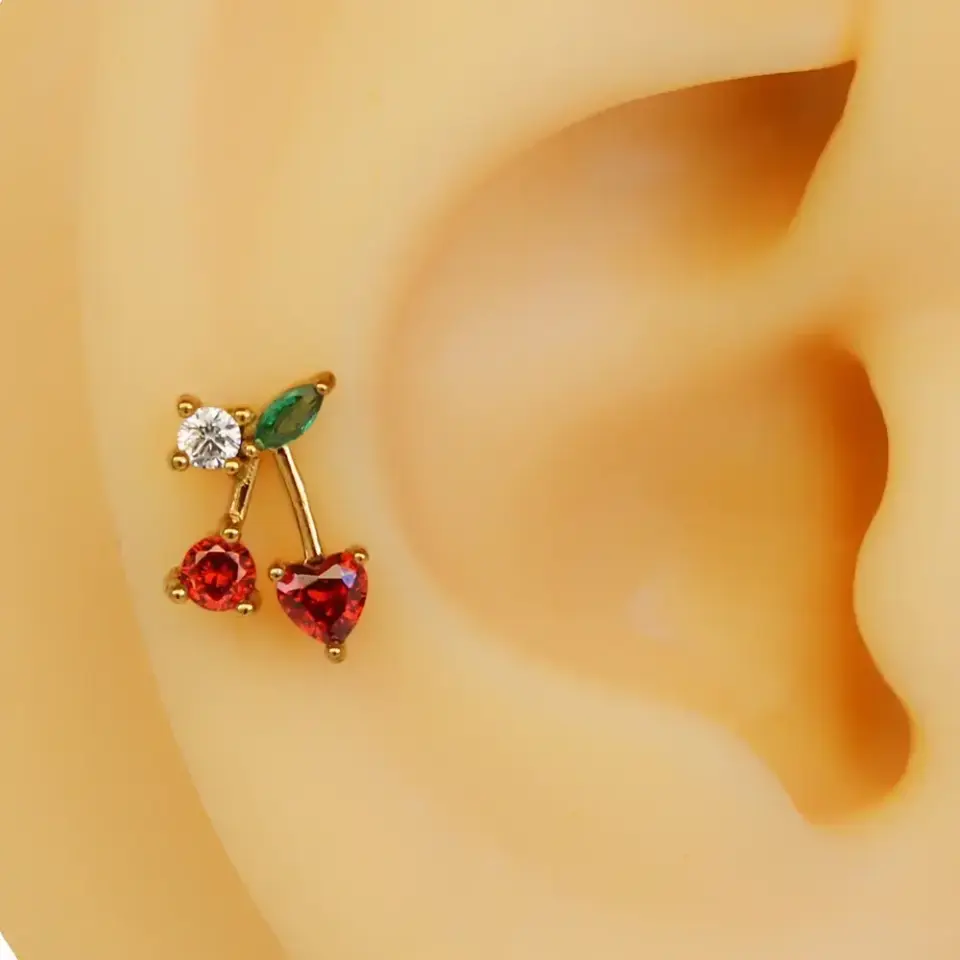 Kiraz figürlü zirkon taşlı altın renk 316L cerrahi çelik tragus piercing flatback