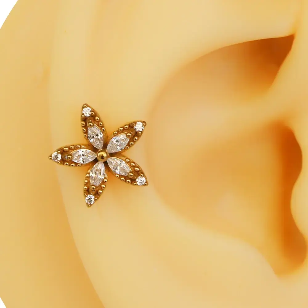 Beş Markiz Çiçek figürlü altın renk zirkon taşlı 316L cerrahi çelik tragus piercing flatback