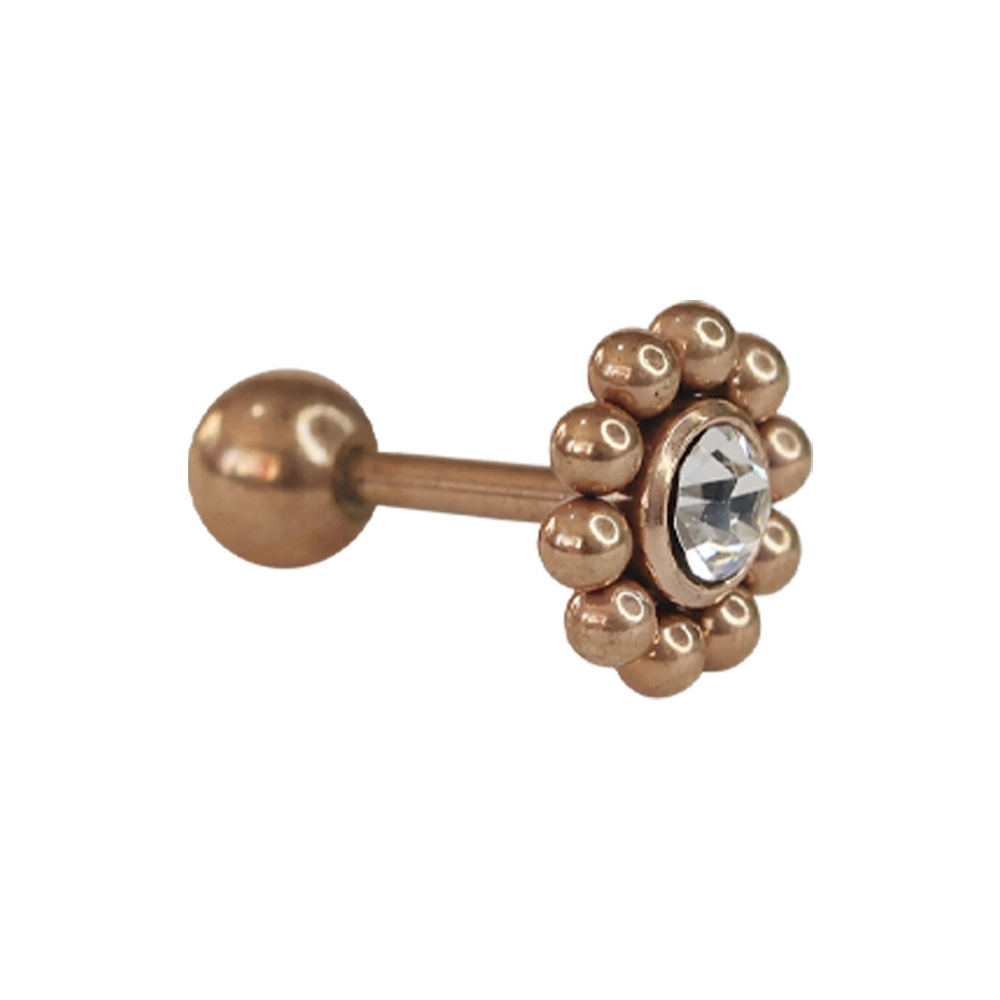 Merkezi şeffaf zirkon taşlı, çevresi küçük metal toplarla bezeli rose renkli dekoratif kıkırdak piercing