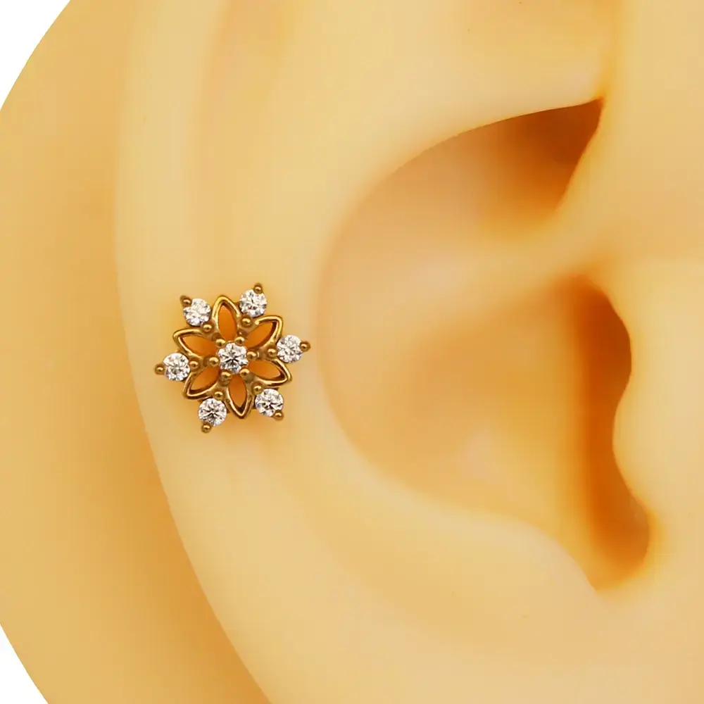Kar tanesi figürlü altın renk zirkon taşlı 316L cerrahi çelik tragus piercing flatback