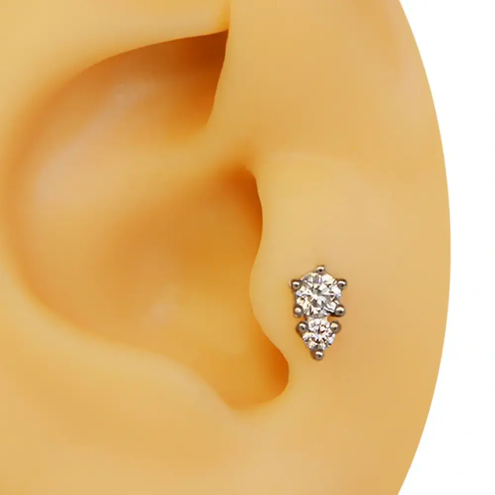 Çift zirkon taşlı gümüş renk 316L cerrahi çelik tragus piercing flatback