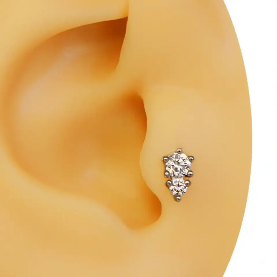 Çift zirkon taşlı gümüş renk 316L cerrahi çelik tragus piercing flatback
