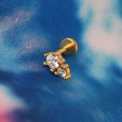 İki Zirkon Taş 6x1,2mm Gold Çelik Labret Piercing, Tragus-Lobe-Helix-Kıkırdak