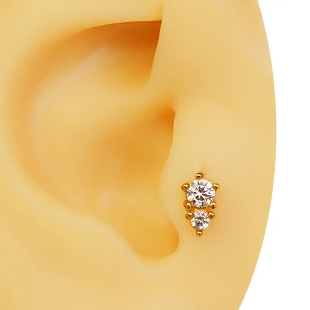 Çift zirkon taşlı altın renk 316L cerrahi çelik tragus piercing flatback