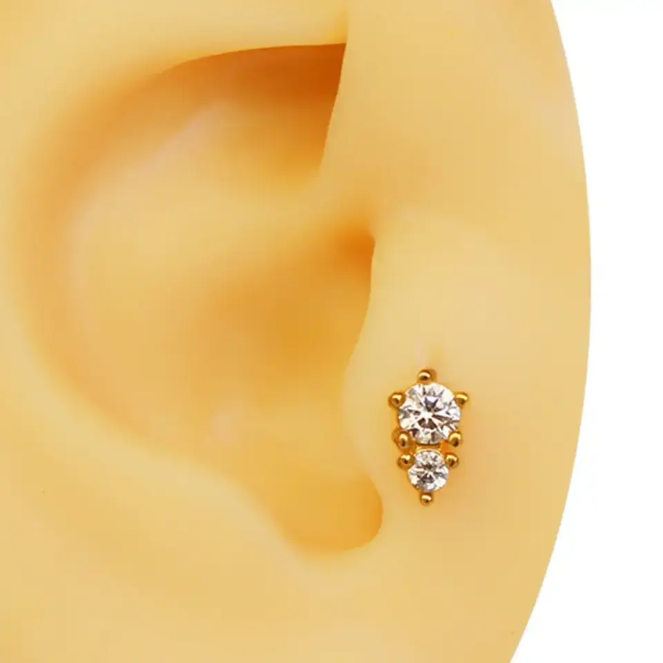 Çift zirkon taşlı altın renk 316L cerrahi çelik tragus piercing flatback