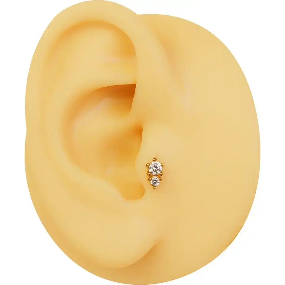 Arkası düz vidalı sistem altın gold çift zirkon kıkırdak piercing