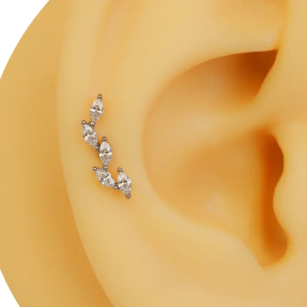 Beş markiz zirkon taşlı gümüş renk 316L cerrahi çelik tragus piercing flatback