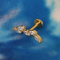 Beş Markiz Zirkon Taş 6x1,2mm Gold Çelik Labret Piercing, Tragus-Lobe-Helix-Kıkırdak