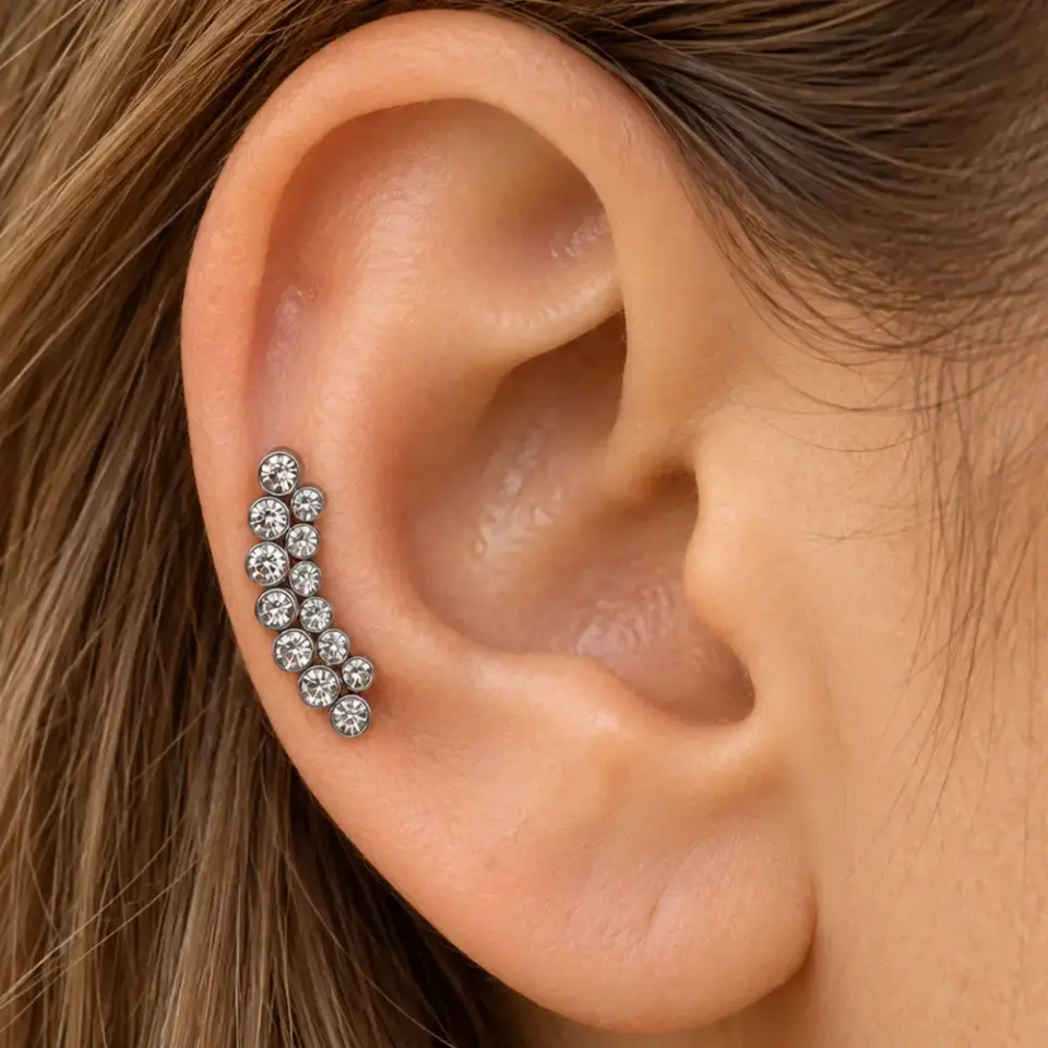 Zirkon Taşlı Noktalar Tasarım 316L Cerrahi Çelik Helix Kıkırdak Flatback Piercing - Gümüş Renk