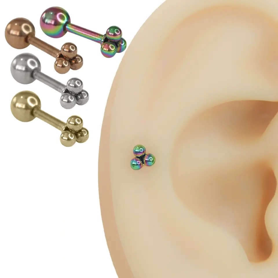 Rose, gümüş, sarı ve gökkuşağı renk seçeneklerine sahip üç toplu piercing modelleri