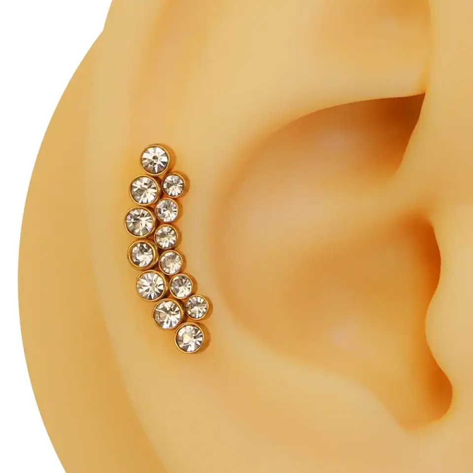 Zirkon taşlı noktalar figürlü altın renk 316L cerrahi çelik tragus piercing flatback