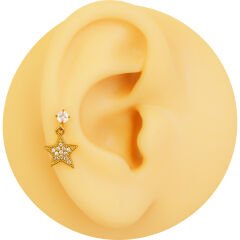 Tek Taşlı Yıldız Figürlü Zirkon Sallantılı 6x1,2 mm  Gold Çelik Piercing, Conch-Lobe-Helix-Kıkırdak