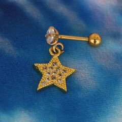 Tek Taşlı Yıldız Figürlü Zirkon Sallantılı 6x1,2 mm  Gold Çelik Piercing, Conch-Lobe-Helix-Kıkırdak