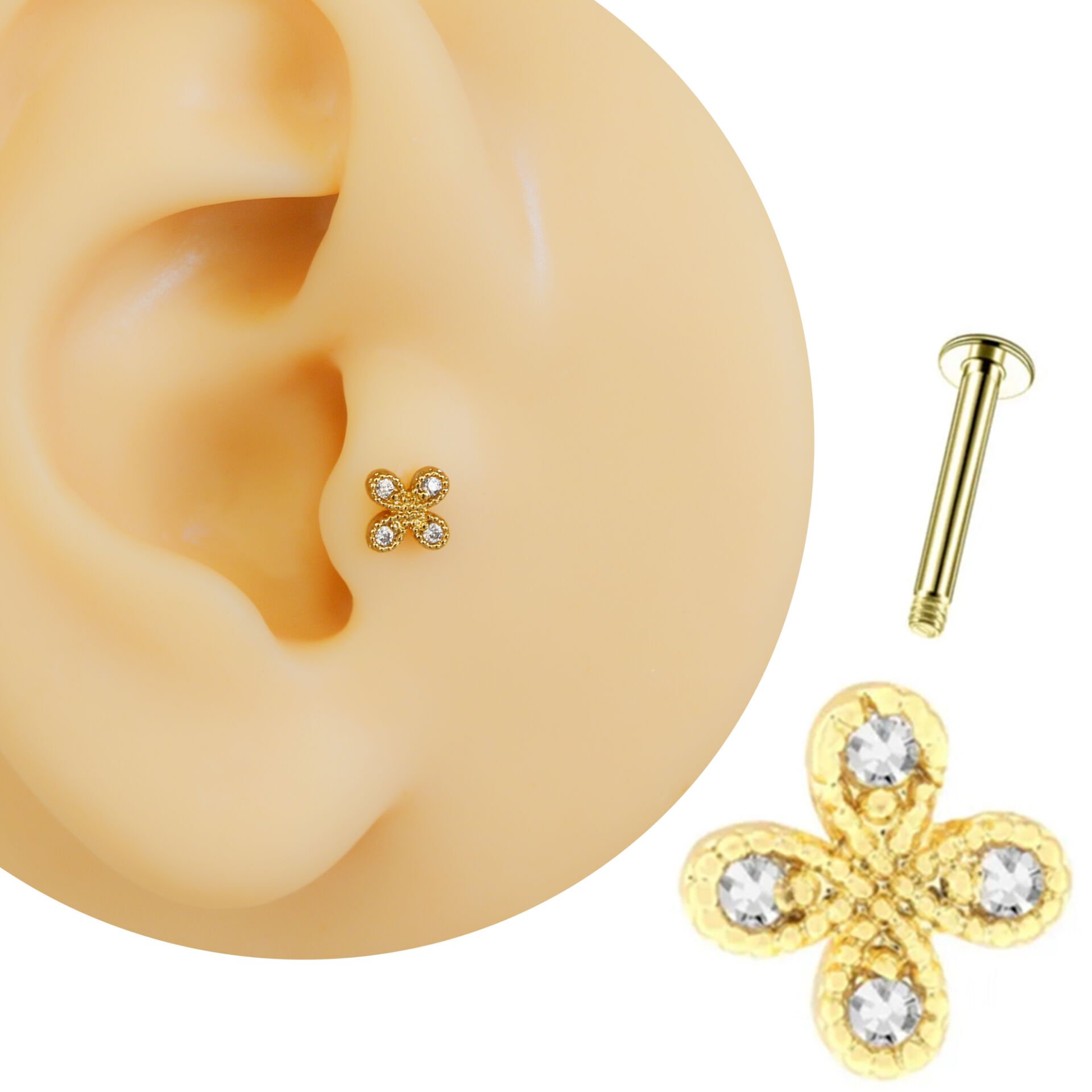 Zirkon Taşlı Çiçek Figürlü 6x1,2mm Gold Çelik Labret Piercing, Tragus-Lobe-Helix-Kıkırdak