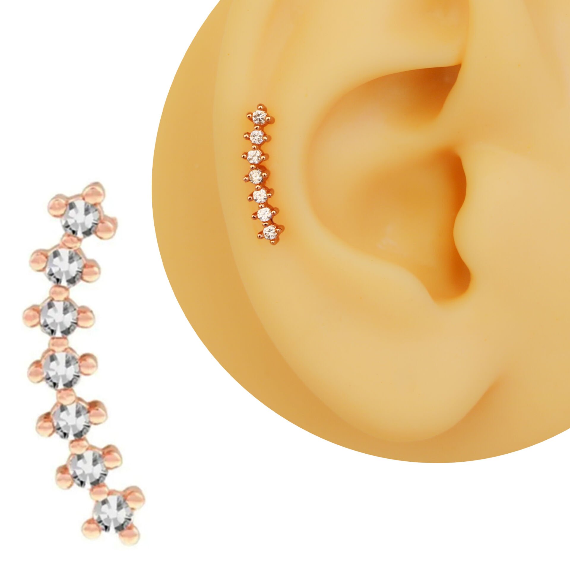 Çoklu Zirkon Taşlı Kıvrımlı 6x1,2 mm Rose Çelik Piercing, Helix-Kıkırdak