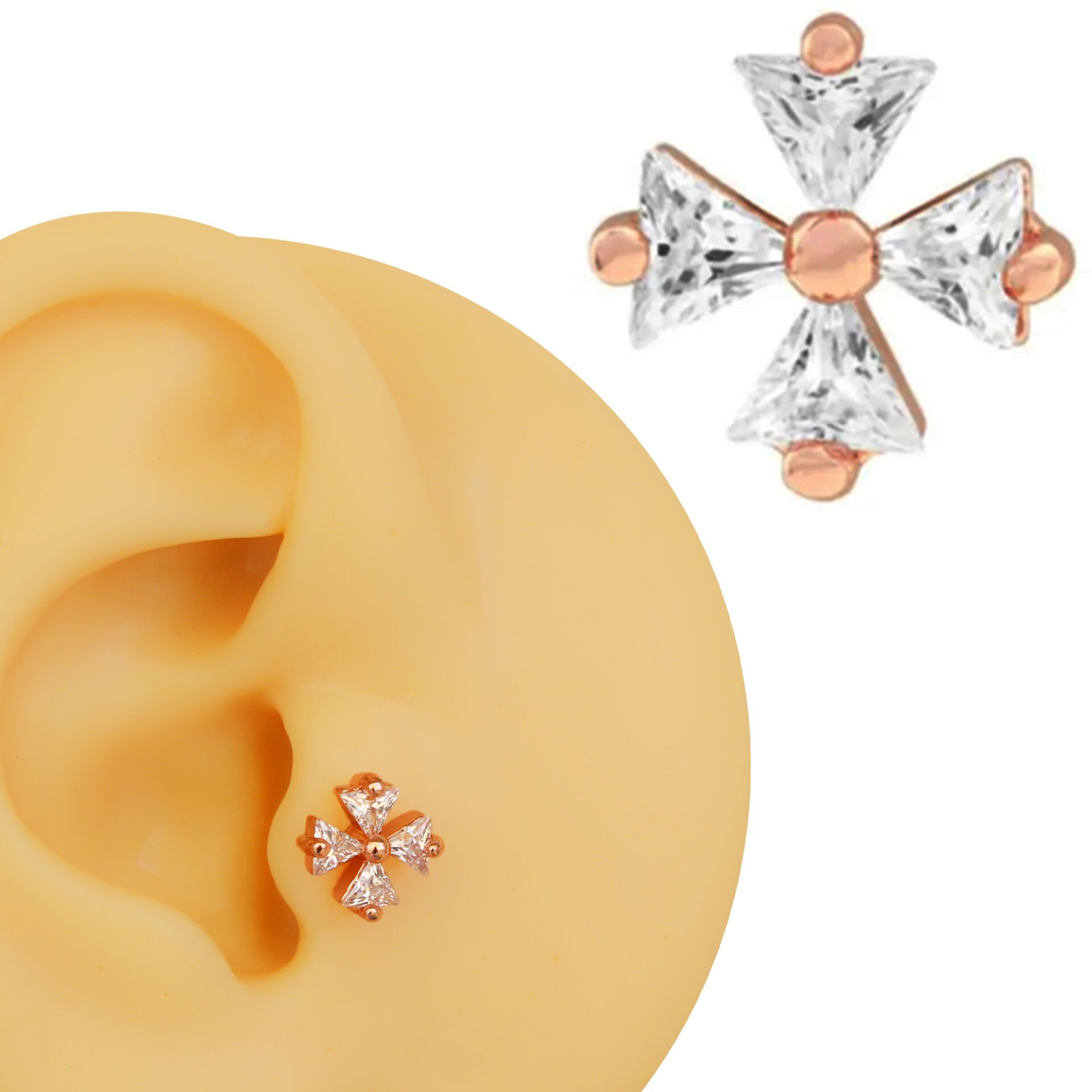 Dört Zirkon Taşlı Cross Figürlü 6x1,2 mm Rose Çelik Piercing, Helix-Kıkırdak-Conch-Lobe-Tragus