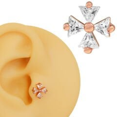 Dört Zirkon Taşlı Cross Figürlü 6x1,2 mm Rose Çelik Piercing, Helix-Kıkırdak-Conch-Lobe-Tragus