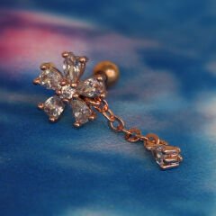 Rose Çiçek Figürlü Zincir Sallantılı Zirkon 6x1,2 mm Çelik Piercing, Helix-Kıkırdak-Lobe-Auricle