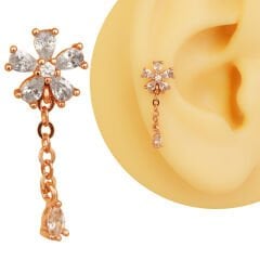Rose Çiçek Figürlü Zincir Sallantılı Zirkon 6x1,2 mm Çelik Piercing, Helix-Kıkırdak-Lobe-Auricle