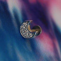Yarım Ay Figürlü Zirkon Flatback 6x1,2 mm Çelik Piercing, Helix-Kıkırdak-Conch-Lobe-Tragus