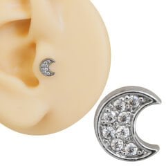 Yarım Ay Figürlü Zirkon Flatback 6x1,2 mm Çelik Piercing, Helix-Kıkırdak-Conch-Lobe-Tragus