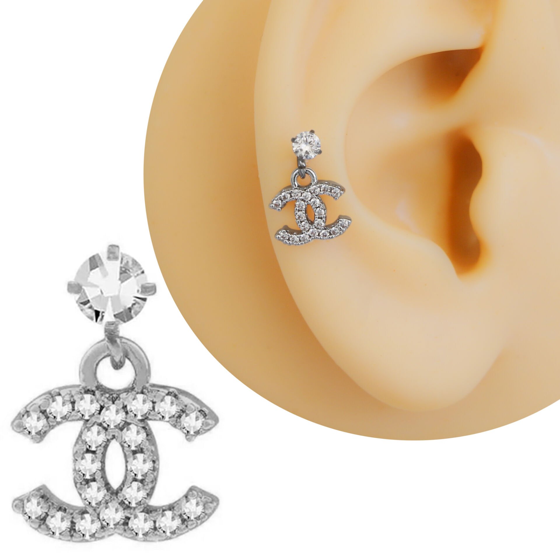 Zirkon Taşlı Çift C Figürlü Sallantılı 6x1,2 mm Çelik Piercing, Helix-Kıkırdak-Lobe-Auricle