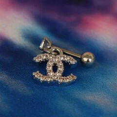 Zirkon Taşlı Çift C Figürlü Sallantılı 6x1,2 mm Çelik Piercing, Helix-Kıkırdak-Lobe-Auricle